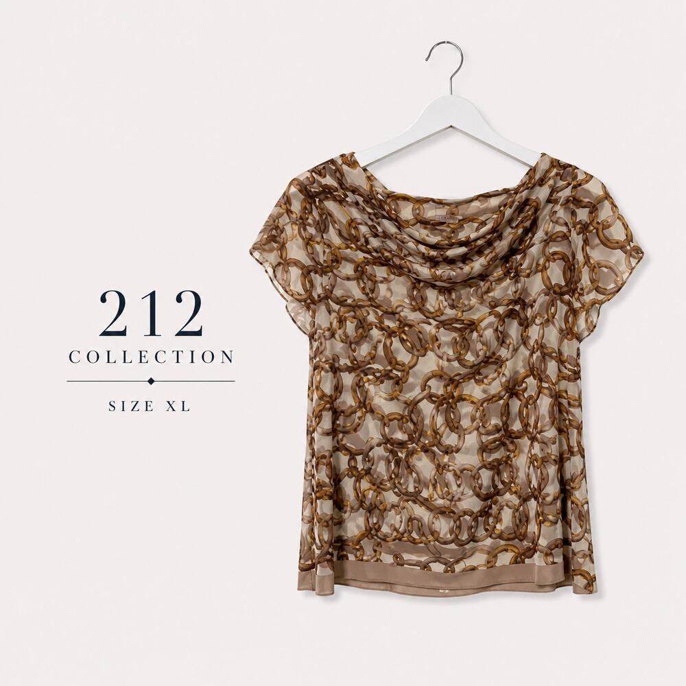212 Collection XL Chain Print Cowl Neck Blouse Sheer Overlay Top Brown Gold